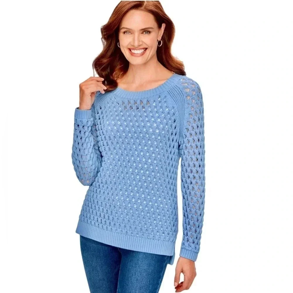 TALBOTS | Cotton Blend Easy Breezy Open Stitch Crewneck Blue Sweater Size XLP
